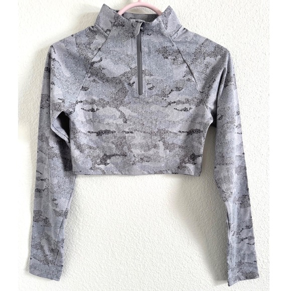 Mono B Tops - Mono B Womens Small Grey Camo Leopard Quarter Zip Cropped Active Top